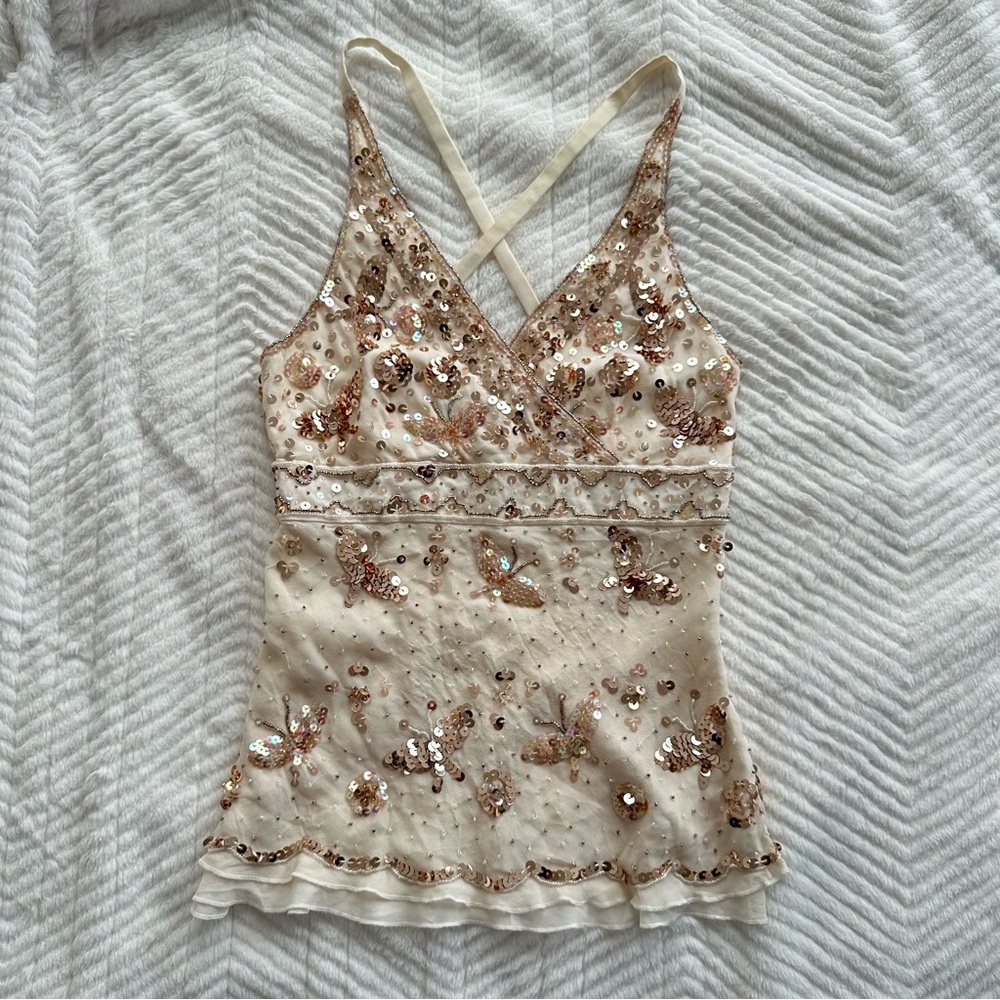 BEBE Silk Sequin Butterfly Top y2k XS